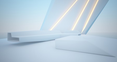 Abstract architectural white interior of a modern villa on the sea with swimming pool and neon lighting. 3D illustration and rendering.