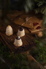 Hazelnut chocolate pralines on dark forest background