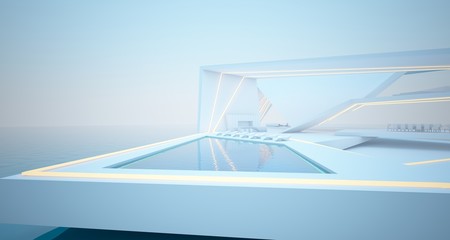 Abstract architectural white interior of a modern villa on the sea with swimming pool and neon lighting. 3D illustration and rendering.