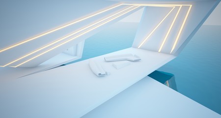 Abstract architectural white interior of a modern villa on the sea with swimming pool and neon lighting. 3D illustration and rendering.