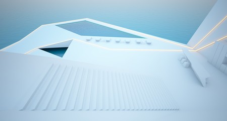 Abstract architectural white interior of a modern villa on the sea with swimming pool and neon lighting. 3D illustration and rendering.