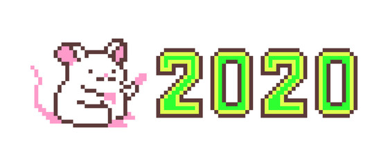 Pixel art Happy New Year greeting card with cute white mouse character pointing at big green 2020 number isolated on white background. 8 bit calendar illustration. Winter print with chinese zodiac rat