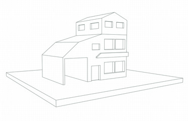 Drawing of a three-story house with garage lines