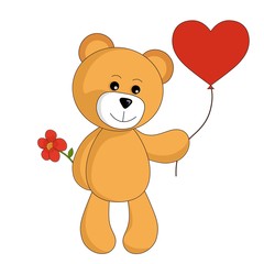 cartoon teddy bear with heart balloon and flower. valentines design element