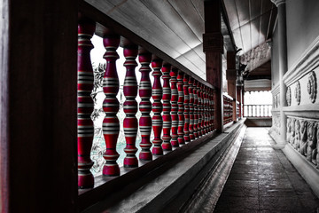 Kandyan Architecture Balcony Veranda with Decorative Railing Wooden Beads like Red Yellow Black Rings Beeralu fence  