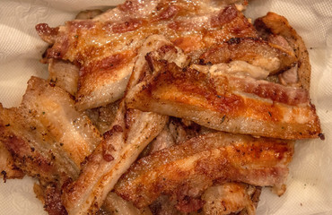 Grilled pork bacon close-up. Fried meat.