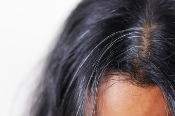 close up grey hair on the head of asian man long hair