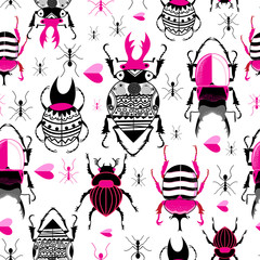 Vector bright seamless pattern with beetles and ants