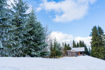 kleine Holzhütte mit Schnee am Tegelberg