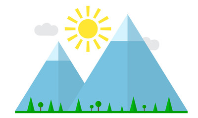 Blue mountains, green forest, sun. Vector illustration