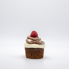 chocolate cupcake with frosting and raspberry garnish