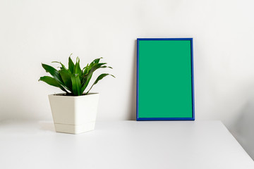 minimalistic style of the picture frame on the shelf, mockup design, green chroma key