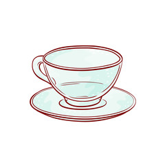 Transparent glass cup clear and saucer. Vector sketch line illustration.