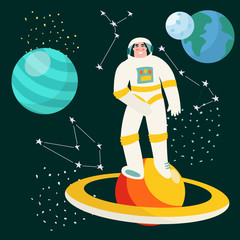 Spaceman in outer space with stars, moon, rocket, asteroids, constellation on background. Astronaut out of spaceship exploring universe and galaxy. Cartoon cosmonaut in spacesuit for your design.