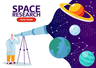 Scientist with telescope learing outer space with stars, moon, asteroids, constellation on background. Researcher exploring universe and galaxy. Cartoon man studing earth, saturn, moon vector banner.