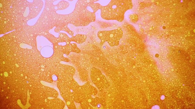 Fantastic structure of golden bubbles. Scientific experiment, chemical reactions. Chaotic motion, bubble flow expansion, curlicue of paints. Psychedelic liquid light show, ink patterns in water + oil.