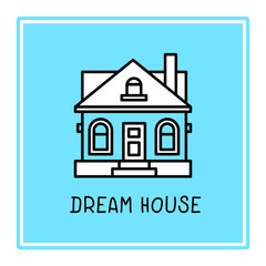 Vector creative illustration of cute home with chimney and door in frame on color background.