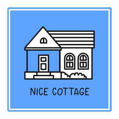 Vector creative illustration of country house with window in frame on blue color background.