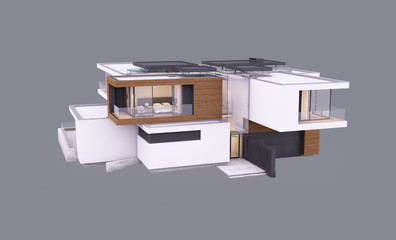 3d rendering of modern cozy house by the river with garage and pool for sale or rent in evening with cozy light from window. Isolated on gray