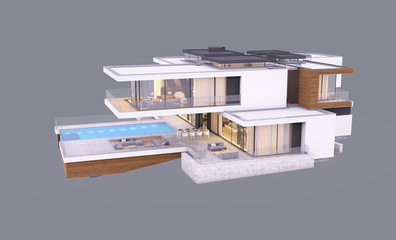 3d rendering of modern cozy house by the river with garage and pool for sale or rent in evening with cozy light from window. Isolated on gray