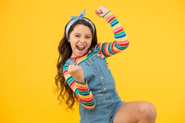Foto op Plexiglas summer vacation joy. little child yellow background. old fashioned handkerchief for kid. beauty and fashion. small girl long hair. happy childhood. retro girl express happiness. feeling great success © be free