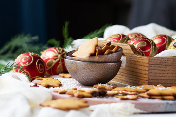 Christmas and New Year cookies and decorations.  Festive mood, holiday composition