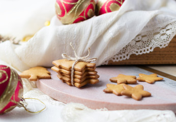 Christmas and New Year cookies in shape of Christmas tree and star. Festive decoration