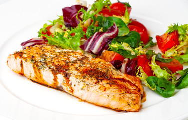 grilled salmon steak with vegetables