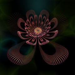 Abstract design in the form of a flower made of metal wire on a dark background. 3d rendering.