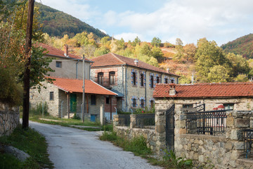 Fototapeta na wymiar Street in the mountainous Kratero village in Florina, Greece, with old stone houses and Autumn colours
