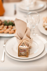 Elegant table setting. The wedding decor. Empty glasses