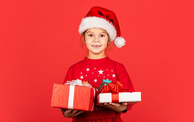 From Santa. happy winter holidays. greeting and congratulation. small santa helper. cheerful kid hold new year present. gift box and parcel delivery. merry christmas. ready for xmas party