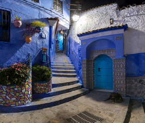 Traditional and typical moroccan architectural details in Chefchaouen, Morocco Africa Narrow and beautiful street of blue medina with blue walls and decorated with various objects. Nice doors, windows