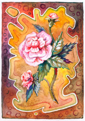 Postcard with a blooming rose. Still life painted with watercolor. The etude (sketch) is made on from life. Pink flower.