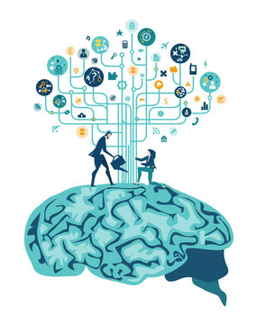 Brain Functioning, Concept Illustration. Two People Growing The Tech Tree On The Humans Brain. Tech Transplant. 