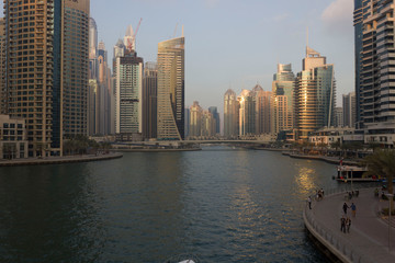 Sunset view of Dubai Marina district in Dubai
