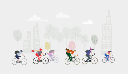 City people riding bikes. Eco environmental illustration, healthy life style © IRStone