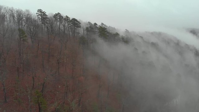 Epic Aerial of Fog Rolling Over Forest Mountain Terrain