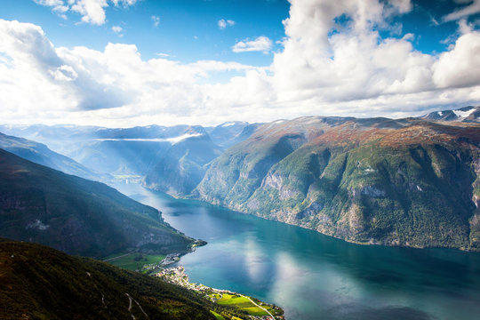 Beautiful mountain landscape in Aurland and Aurlandsfjord in the sunlight , Sogn og Fjordane, Norway.