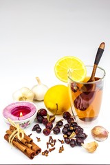 Rosehip tea. Alternative treatment for colds and flu. Dried rosehip. Glass with rosehip tea. Treatment of chills. Medicinal plants.