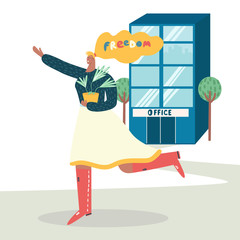 Boss fired employee; dismissal of work, unemployment, jobless, crisis concept. Happy worker loses a hated job and goes away from office. Woman discharged for bad work, last day at work.