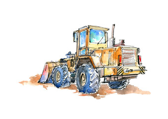 Yellow bulldozer.Construction machinery.White background.Watercolor hand drawn illustration.