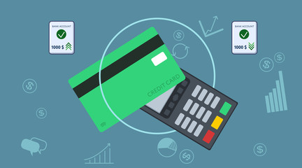 Payment terminal and debit credit card on the abstract background, online banking. Flat style. Vector illustration