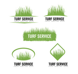 Turf Lawn And Garden Care Company Creative Design Element. Vector Grass And Tree Icon Set For Landscaping Company