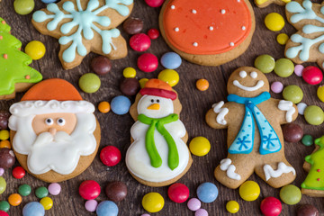 Christmas Gingerbread Man Cookies on a Wooden Background .Christmas Food