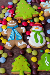 Christmas Gingerbread Man Cookies on a Wooden Background .Christmas Food