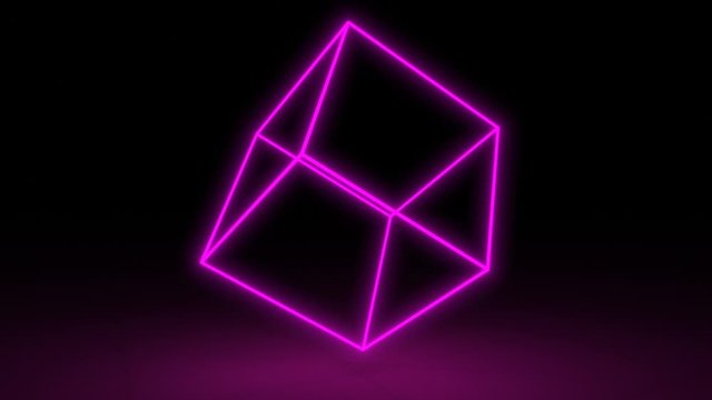 A Pink Neon Cube Rotates In A Dark Space Casting A Shadow On The Floor. Seamless Loop.