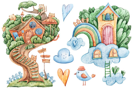 Watercolor hand painted fantasy trees and house on clouds and rainbow. Lovely birds, hearts, house, clouds on white background