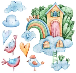 Fototapete Fantasiehäuser Aquarell handgemalte Fantasiebäume und Haus auf Wolken und Regenbogen. Schöne Vögel, Herzen, Haus, Wolken auf weißem Hintergrund