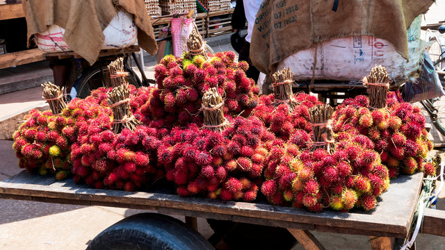 bundles of lychee at the market